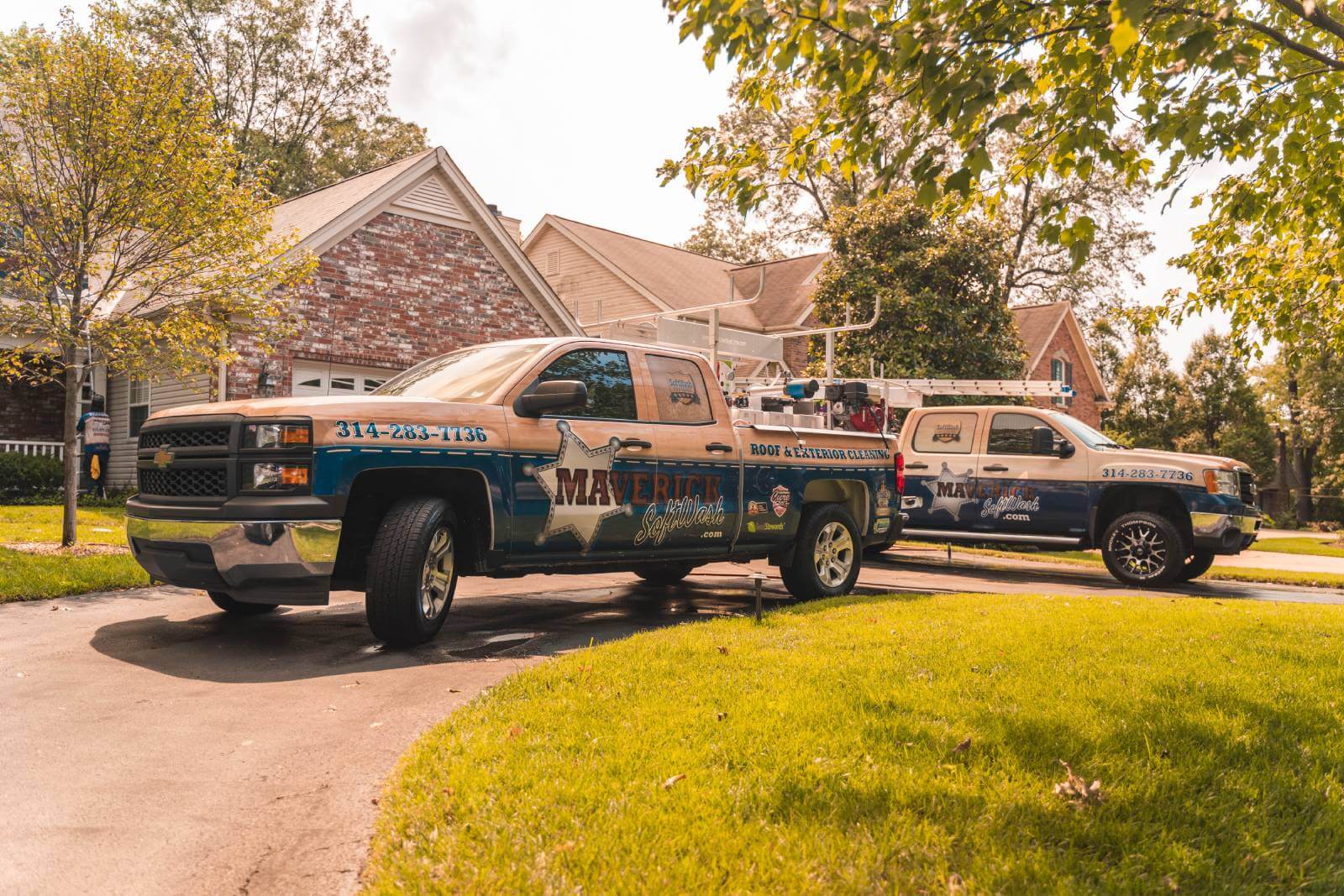 Maverick Softwash trucks on a residential job in St. Louis