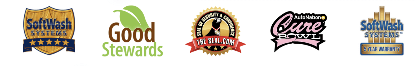 SoftWash Systems certified, Good Stewards, TheSeal.com verified, AutoNation Cure Bowl sponsor, SoftWash Systems 5-year warranty