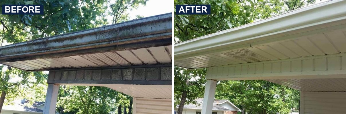 Gutter brightening before and after by Maverick Softwash