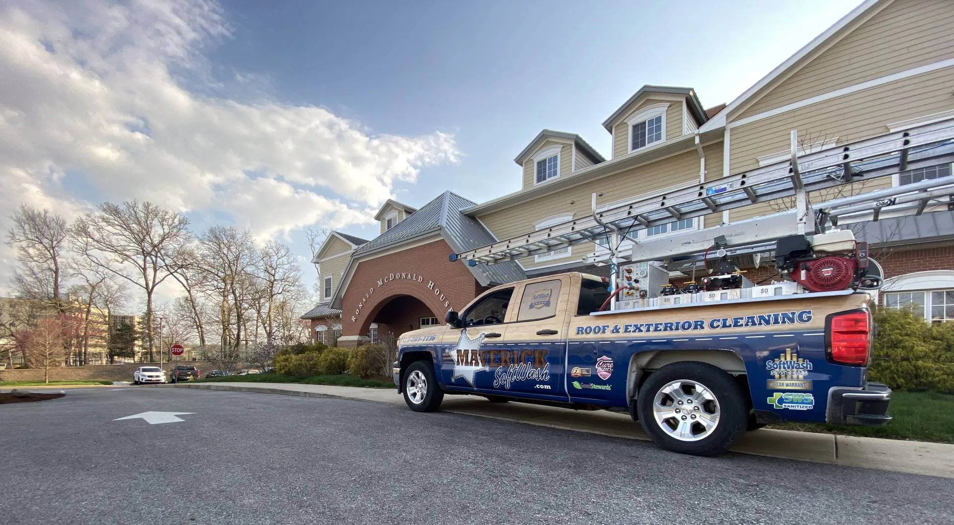 Maverick Softwash truck on a job in the St. Louis area