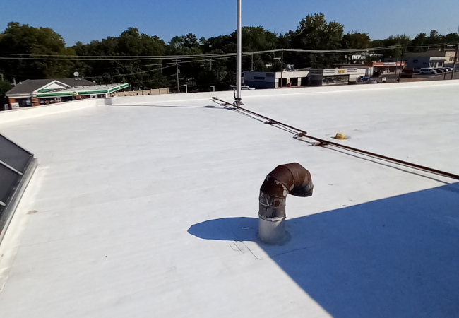 Commercial TPO roof after soft wash cleaning by Maverick Softwash